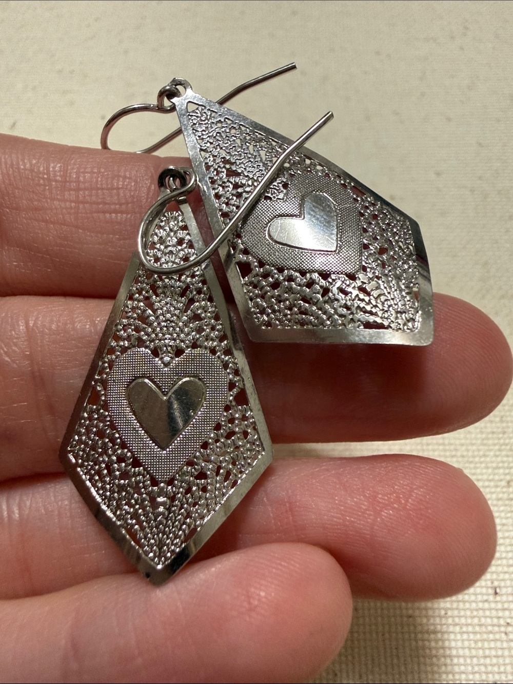 Sterling Silver Heart Filigree Drop Earrings - Picture 3 of 9
